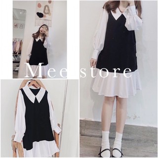 Váy Babydoll 🌸 Dài Tay Cổ Bẻ, Đầm Nữ Đuôi Cá Phối Màu Đen Trắng Dài Tay