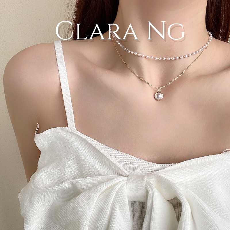 Dây chuyền nữ, vòng cổ đính hạt trai kiểu choker 2 tầng thương hiệu CLARA NG