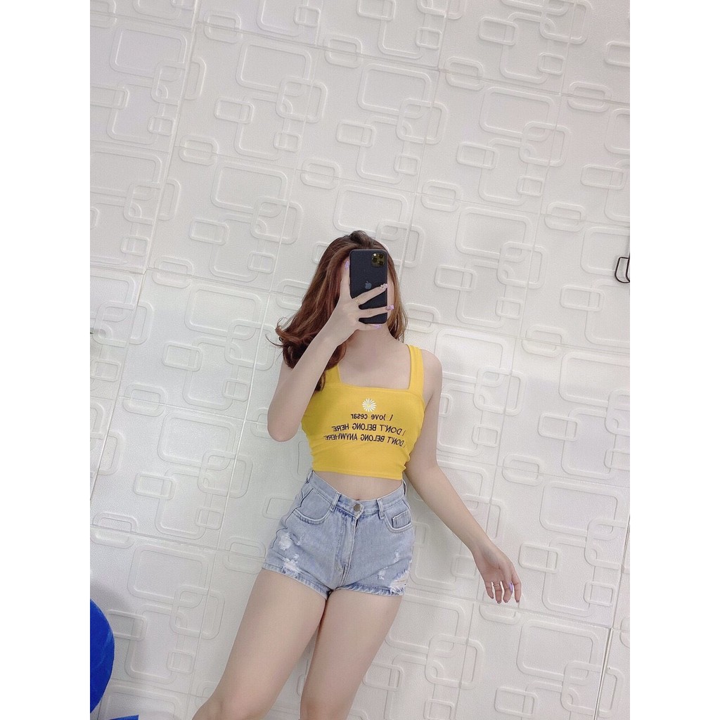 Áo hai dây bản vuông to thêu hình hoa cúc họa mi chất thun bozip mềm mịn co giãn cực thoải mái