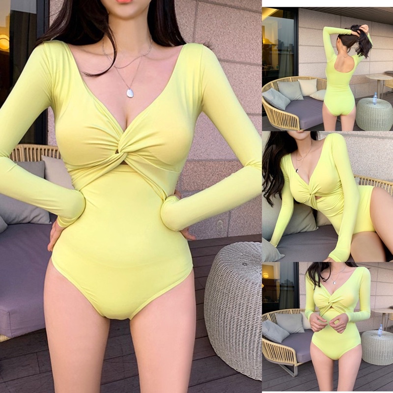 Bộ bơi nữ dài tay, bikini nữ 1 mảnh xoắn ngực nổi bật (kèm ảnh thật)