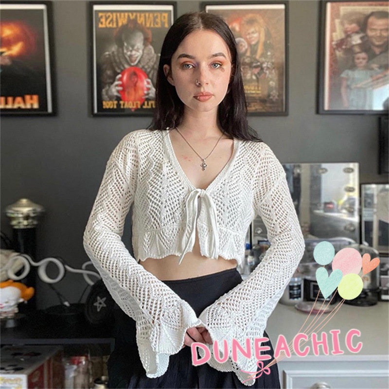 DUNEA Áo Khoác Cardigan Dệt Kim Dài Tay Phối Dây Thắt Thời Trang Dành Cho Nữ