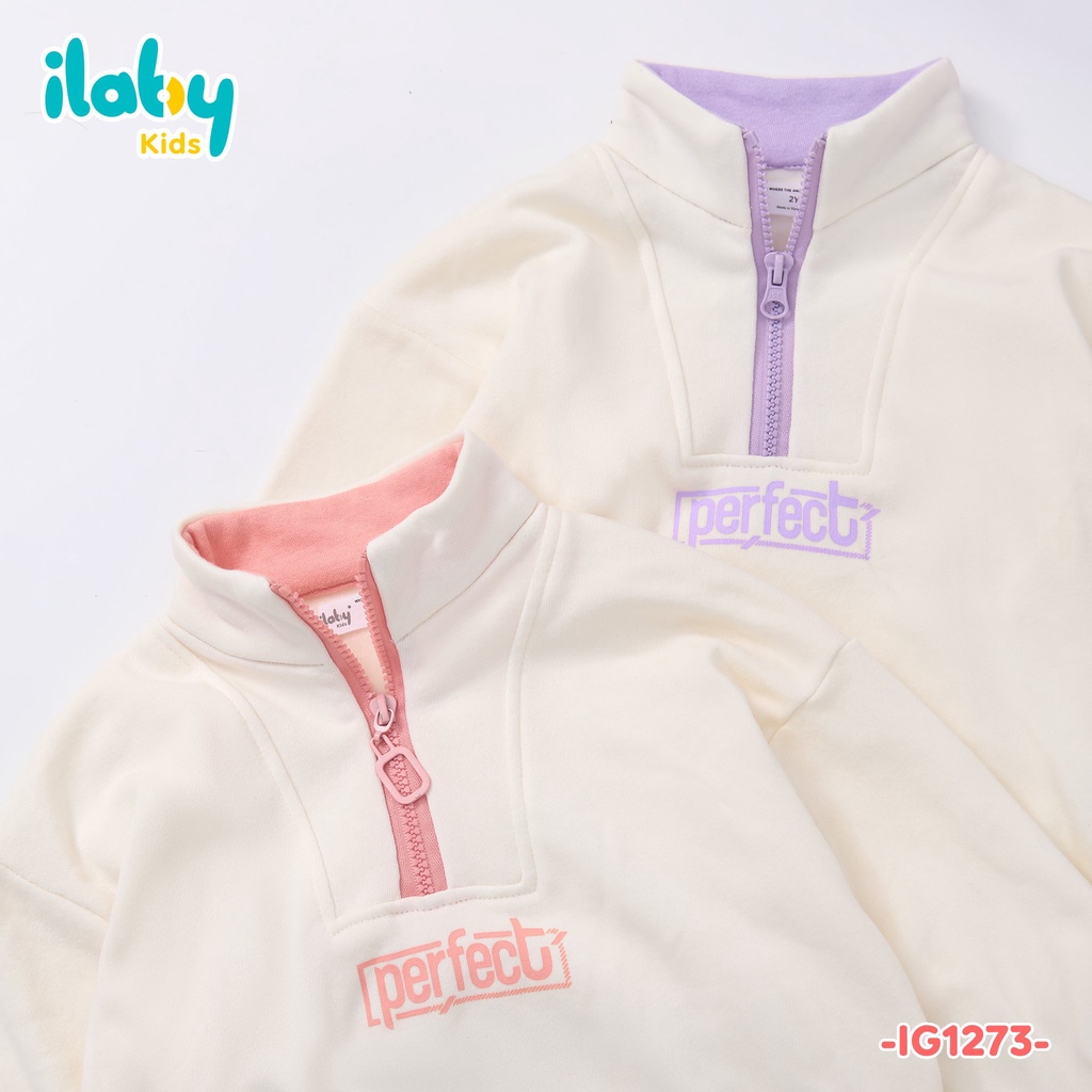 Bộ nỉ dài tay bé gái ILABY cổ cao phối khoá chất liệu nỉ bông