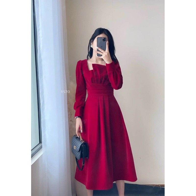 Váy đỏ dự tiệc dáng dài xếp ly cổ ullzang chất đẹp kèm ảnh thật