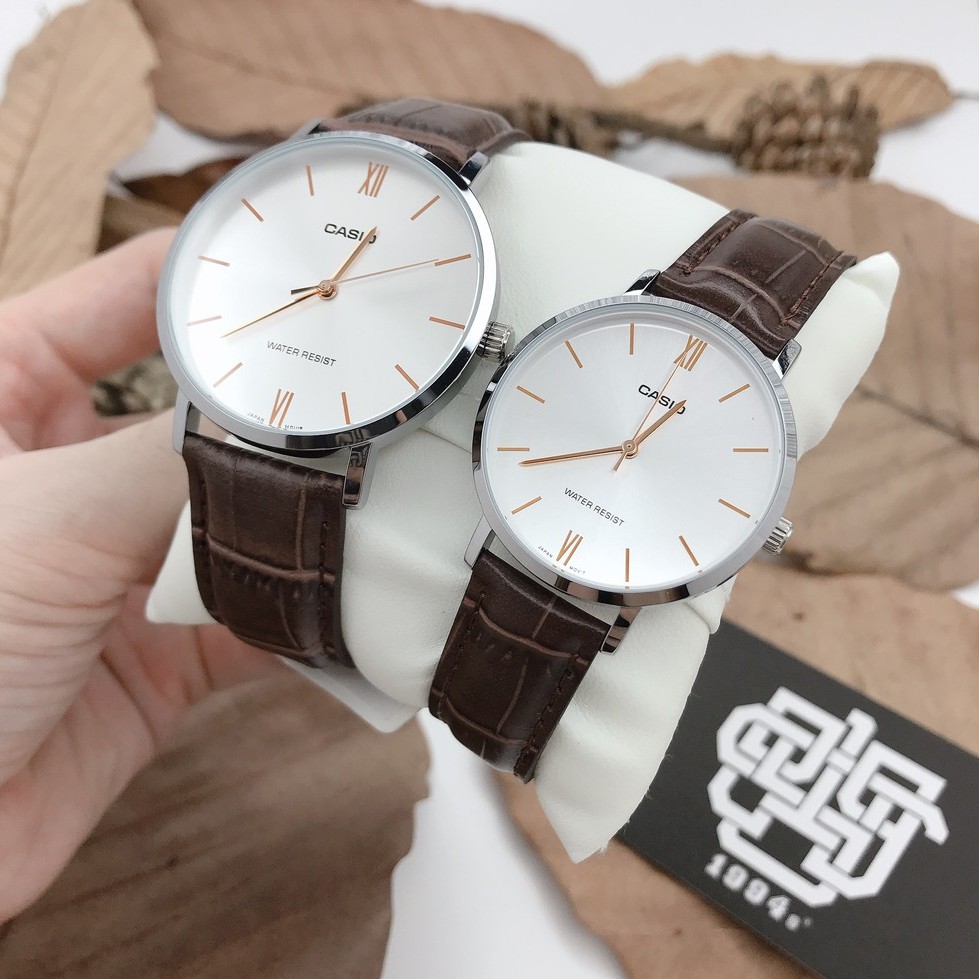 Đồng hồ cặp Casio MTP-VT01L-7B2 / LTP-VT01L-7B2 dây da, chống nước, hàng chính hãng