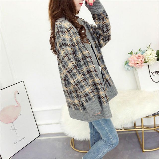 Áo khoác len cardigan thu đông họa tiết houndstooth | BigBuy360 - bigbuy360.vn