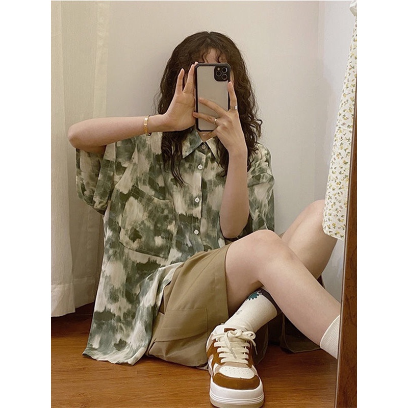 Áo Sơ Mi Tay Ngắn Họa Tiết Màu Loang Thời Trang Sành Điệu Cho Nữ