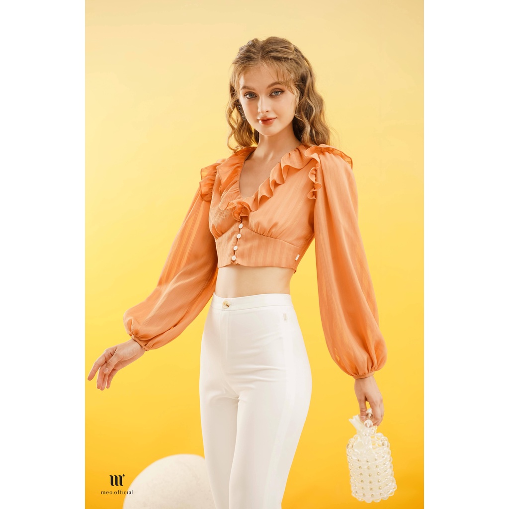 Áo kiểu nữ Méo shop dài tay bồng phối bèo cổ V phong cách Hàn Quốc Kyne