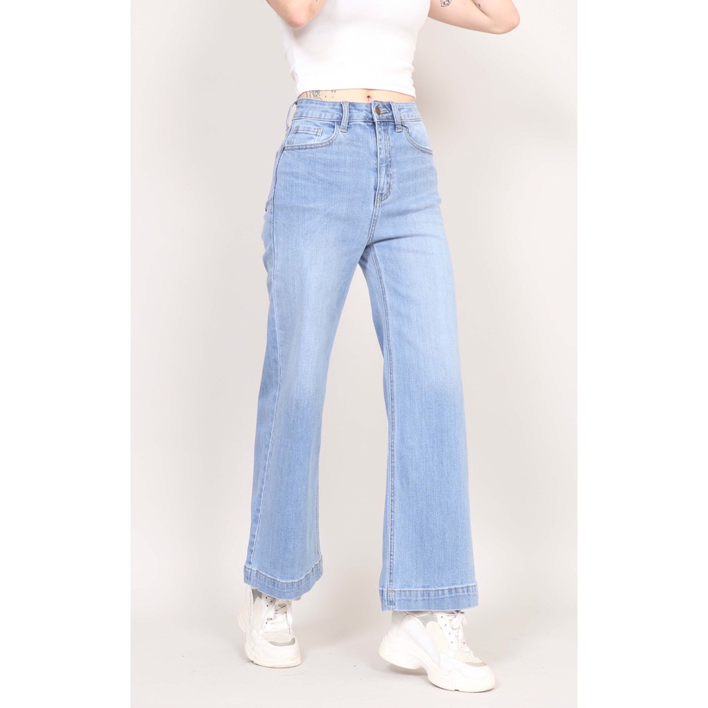 Quần Jean Nữ Ống Rộng cạp cao co giãn dáng dài trơn Gấu bản To 3cm CT JEANS