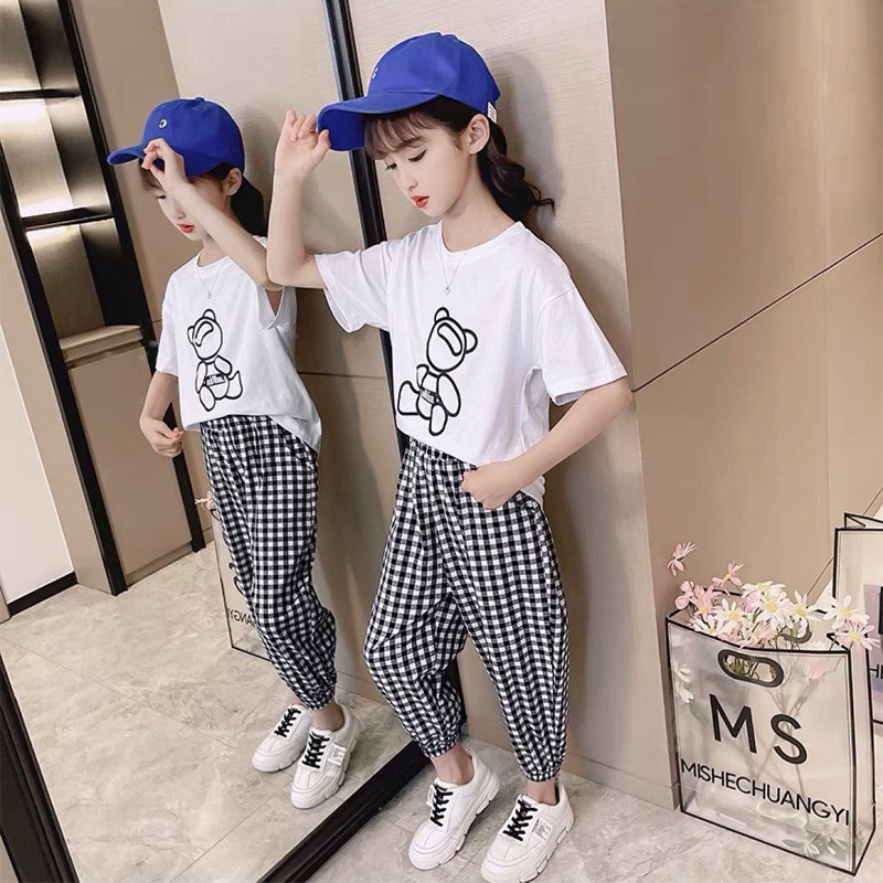 Bộ đồ bé gái Con Xinh cotton gấu Baby, set quần áo trẻ em 5 đến 14 tuổi