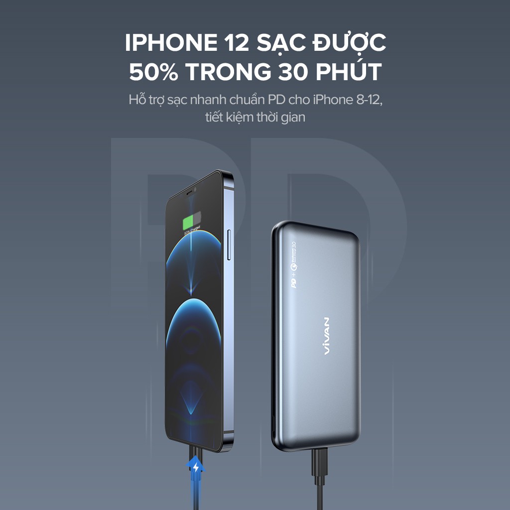 Pin Sạc Dự Phòng 10000mAh VIVAN VPB-N10 20W Quick Charge PD/QC 3.0- 2Output