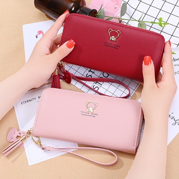 Ví Dài Nữ Kiểu Mới Đính Gấu Dễ Thương Có Dây Cầm Tay Phong Cách Hàn Quốc