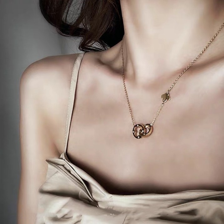 Vòng cổ dây xích đôi ngắn màu vàng hồng đơn giản không gây dị ứng thời trang Hàn Quốc