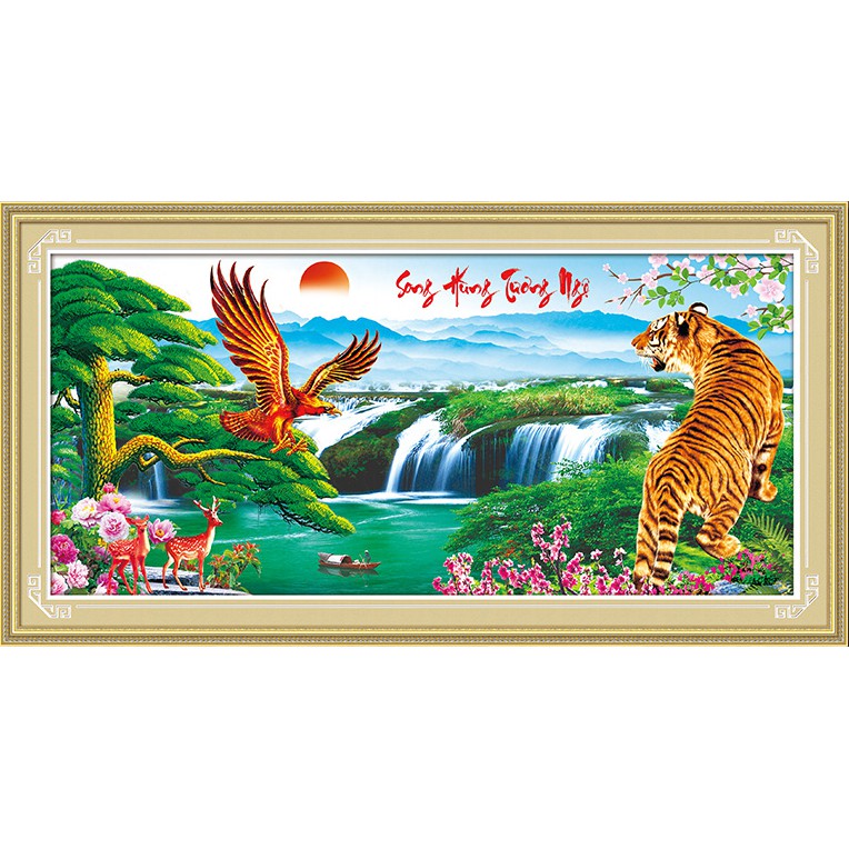 Tranh Đính Đá SONG HÙNG TƯƠNG NGỘ (ĐÁ ABC CAO CẤP). Kích Thước: 1m10 x 55cm