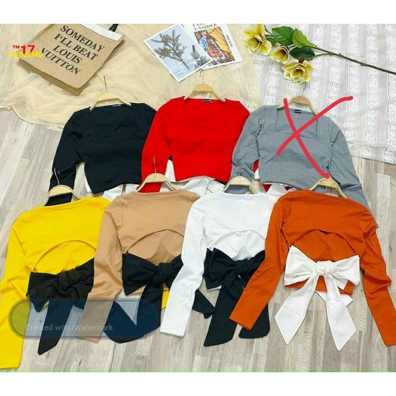 Áo thun cổ vuông hở lưng phối nơ xinh xắn