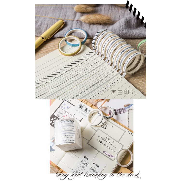 Bộ 10 cuộn washi tape trang trí dán bullet journal, set băng dính washi dễ thương