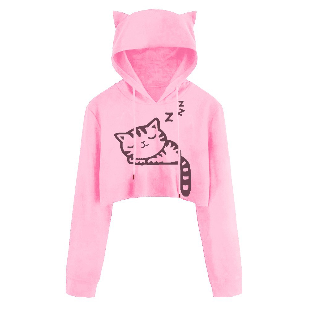 HN Áo Hoodie Tay Dài In Hình Mèo Kitty Quyến Rũ Cho Nữ