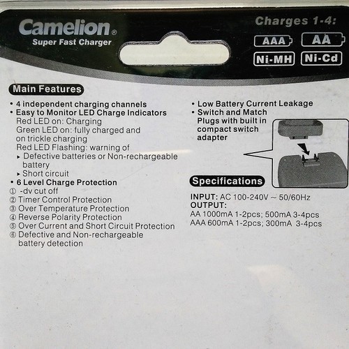 COMBO SẠC PIN VÀ PIN CAMELION ( 1 sạc + 4 pin 1,2V AA).