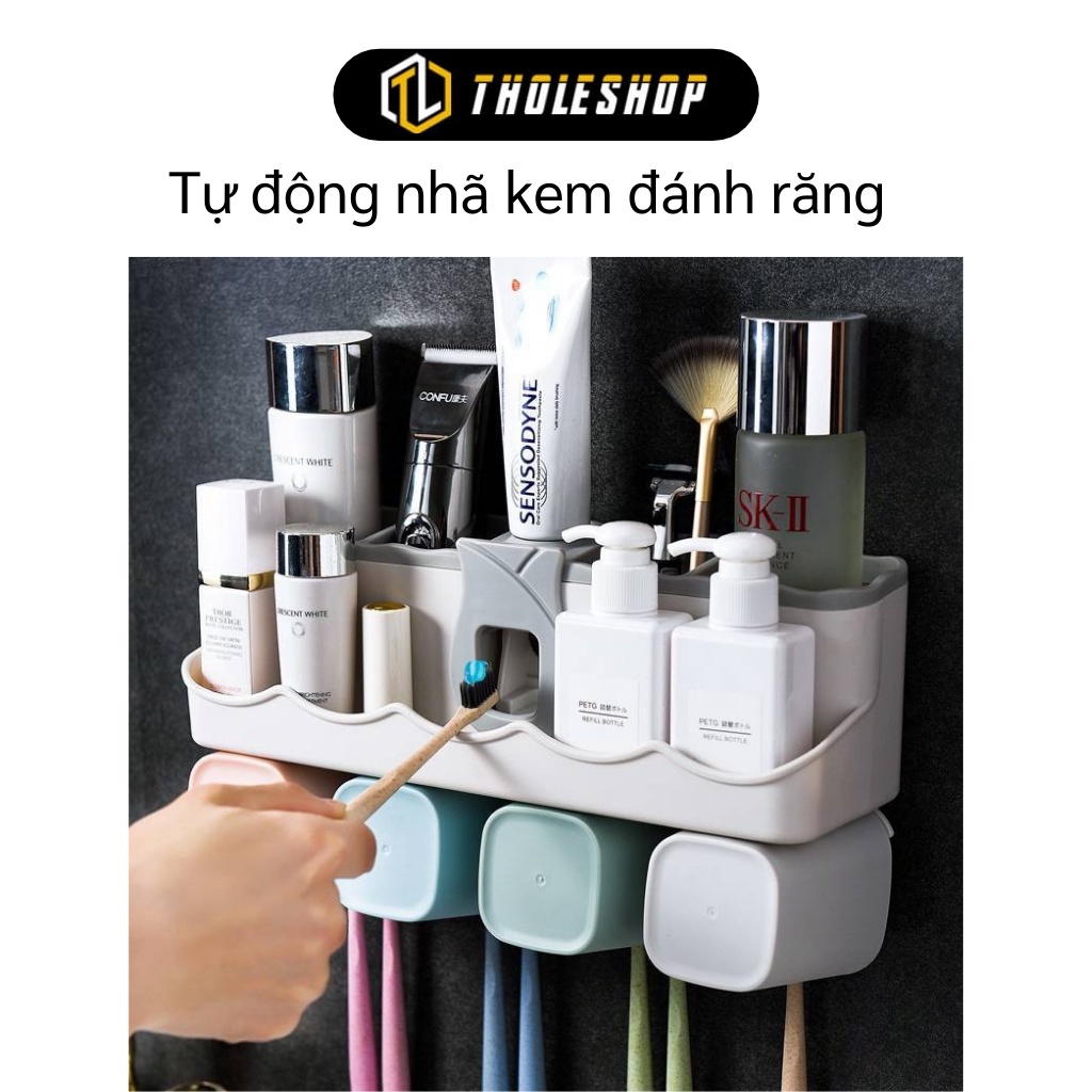 Kệ Để Đồ Nhà Tắm - Bộ Nhả Kem Đánh Răng Tự Động, Giá Treo Bàn Chải Kèm 4 Cốc 8149