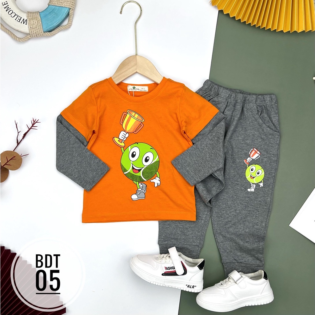 Bộ cotton dài tay thu đông Litibaby tay phối, size 1/7T