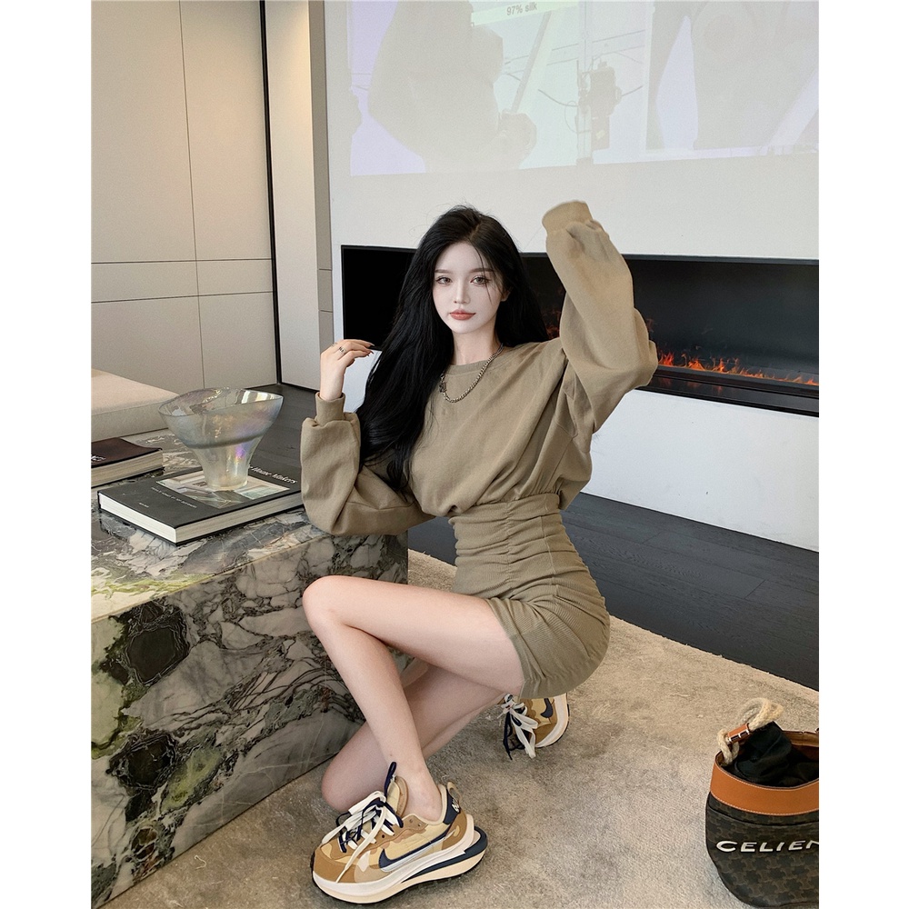 Váy Body Thu Đông Form Rộng, Chân Váy Xếp Ly Ôm