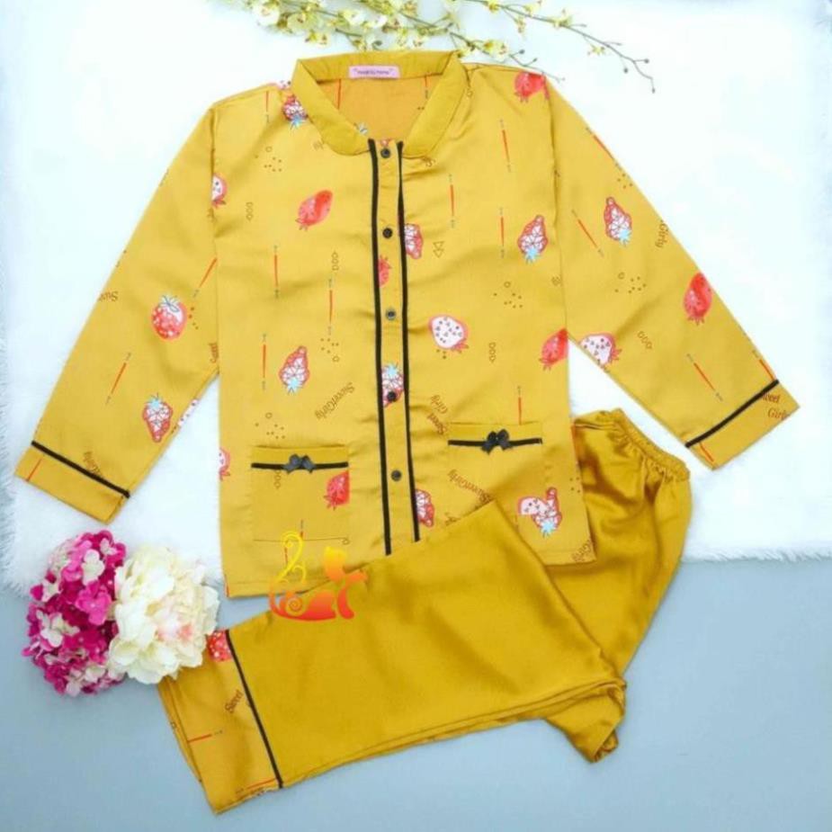 Đồ Mặc Nhà Pijama Satin Lụa Tay Dài Cao Cấp - "Cổ trụ nằm Trái Dâu" Siêu Mát - Dưới 60kg  ཾ  ཾ  ཾ ❕