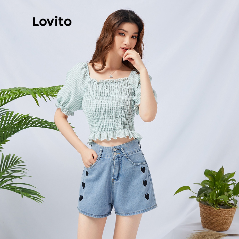 Lovito Áo kiểu cổ vuông kẻ sọc màu xanh lá dễ thương L11D27
 | BigBuy360 - bigbuy360.vn
