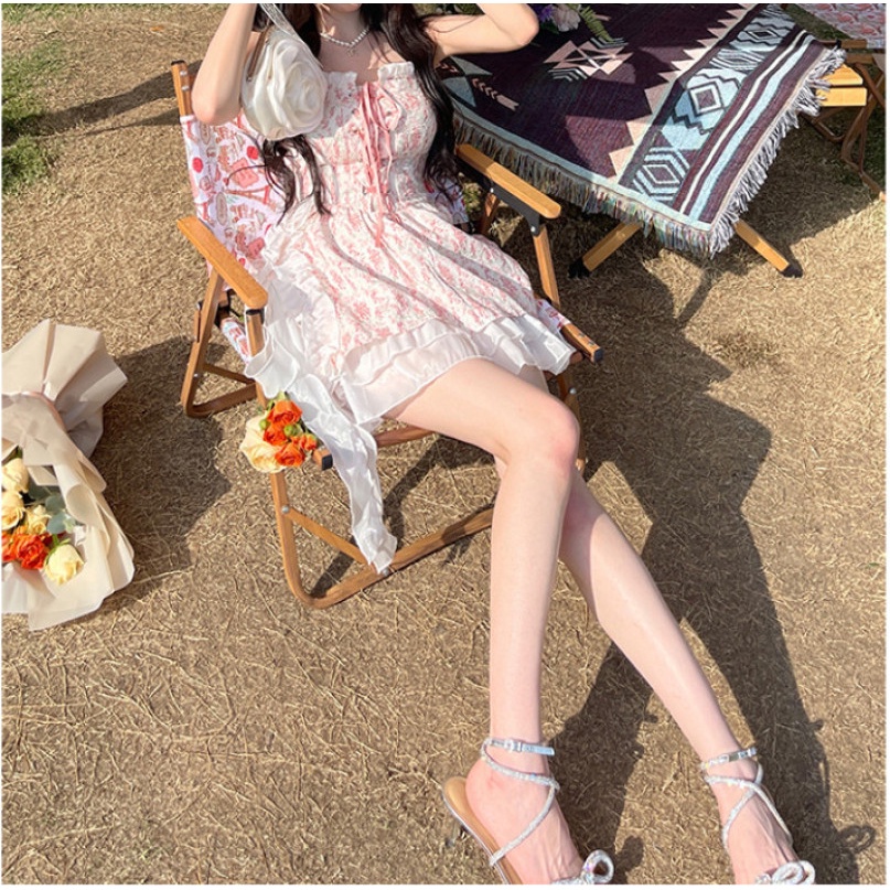 Đầm Dây Rút Trễ Vai Hoạ Tiết Hoa Thời Trang Mùa Hè Cho Phái Nữ