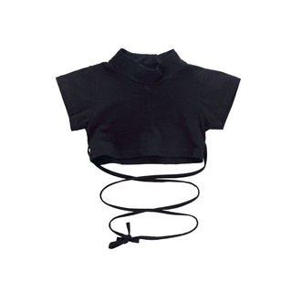 Áo crop nhảy hiện đại trẻ em - áo crop phối dây đen ngắn tay zb31