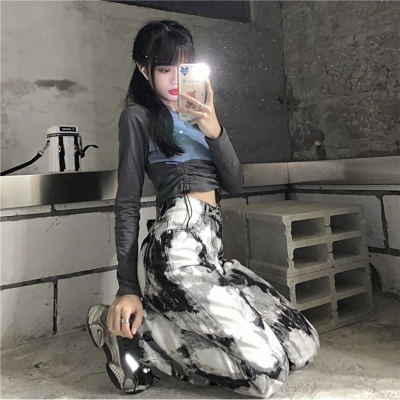 Set áo thun croptop tay dài dây cột rút xanh xám + quần jeans dài lưng cao ống thẳng màu nhuộm loang ulzzang