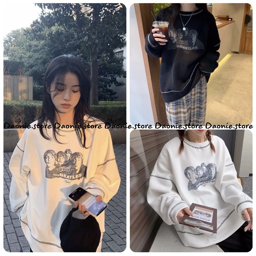 Hoodie in hình the beatles dài tay ♥ Áo nỉ kẻ viền đen trắng form rộng cá tính ♥