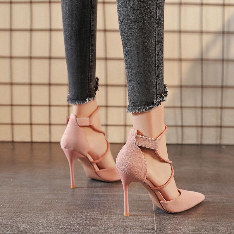 Đôi giày cao gót mũi nhọn quai chéo bằng da lộn phong cách Hàn Quốc cho nữ 2021