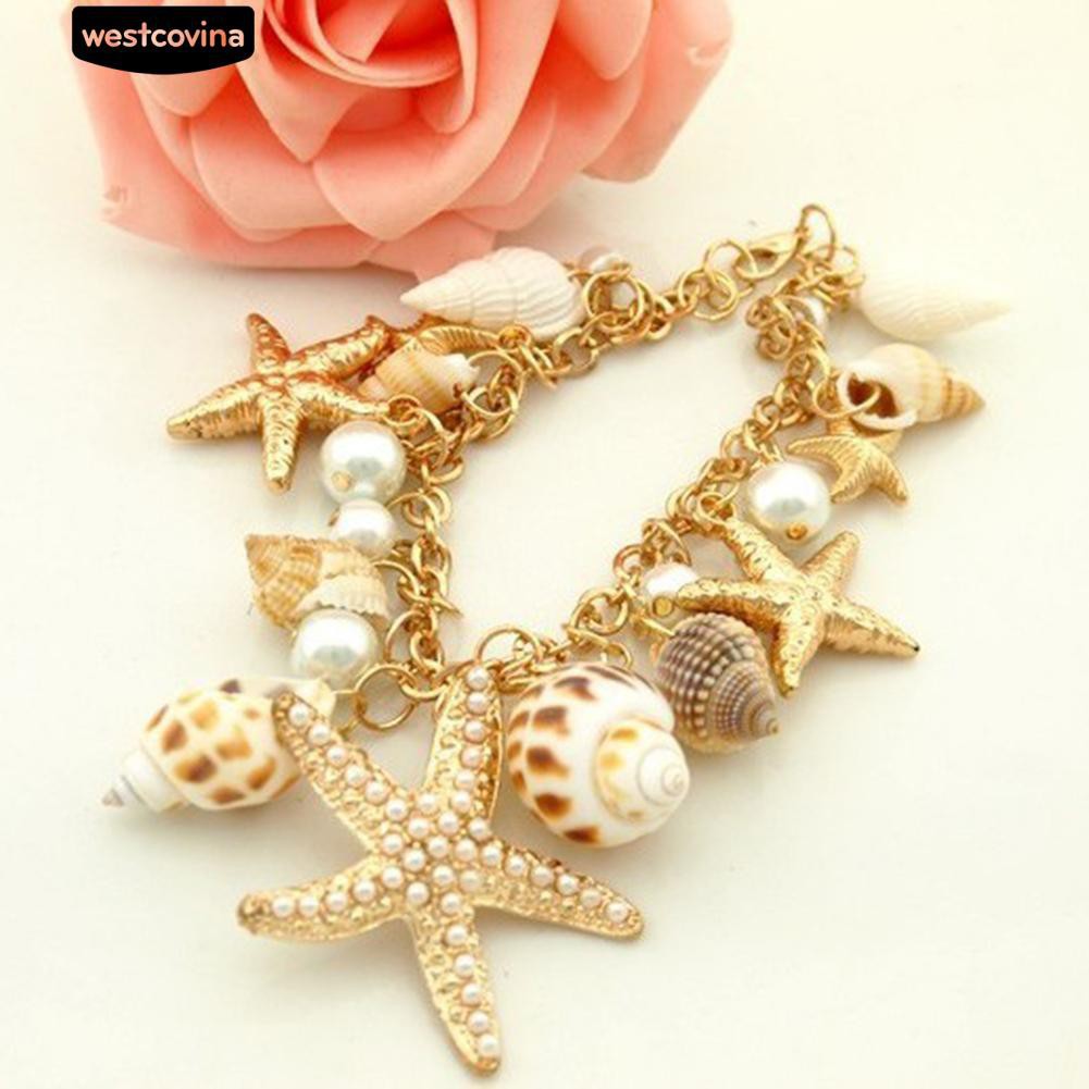 Vòng đeo tay kim loại mạ vàng trang trí vỏ ốc sao biển đính hạt ngọc trai nhân tạo phong cách đại dương độc đáo cá tính