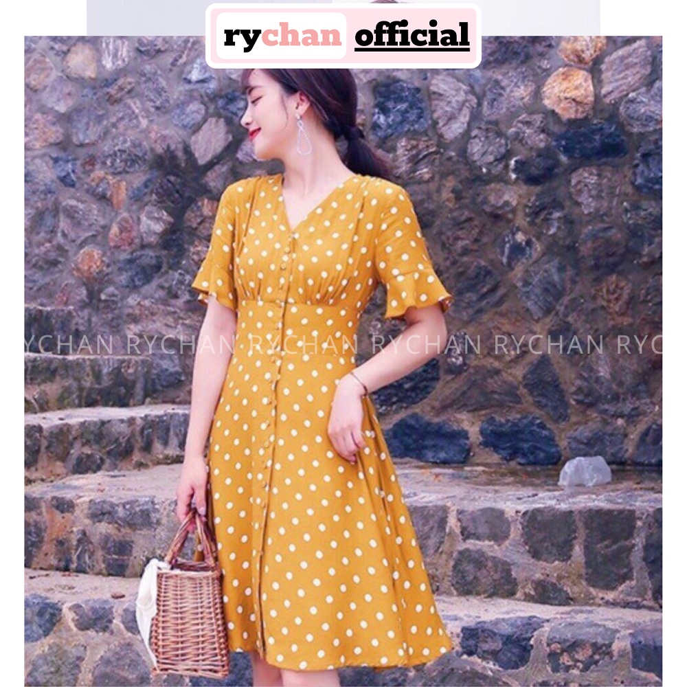 DX656 - Đầm Xòe Chấm Bi Nhún Lưng Tay Bèo