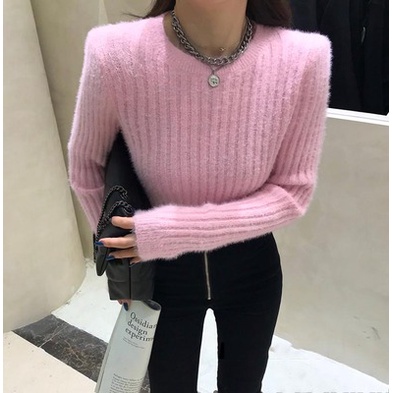 Áo Sweater Dệt Kim Tay Dài Cổ Tròn Vải Nhung Thời Trang Cho Nữ