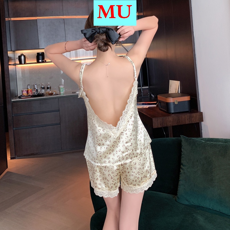 Bộ đồ ngủ hai dây hở lưng họa tiết da báo/ màu trơn vải lụa lạnh thời trang mùa hè cho nữ