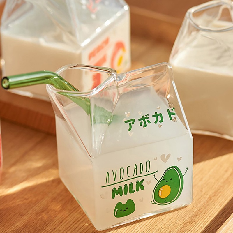 Kính Cốc Thủy Tinh Chịu Nhiệt Hình Hộp Sữa 380ml Giá Đỡ
