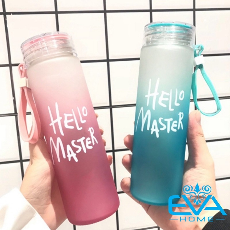 Bình Đựng Nước Thủy Tinh Màu Mờ In Chữ Hello Master Kèm Dây Xách 450 Ml