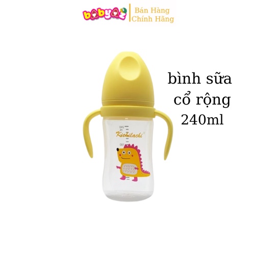 Bình Sữa Cho Bé, Nhựa PP Cổ Rộng, Kichi Có Quay Cầm 240ml