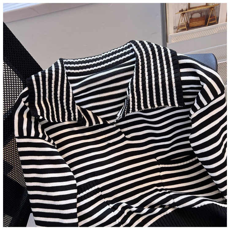 Áo sweater Dệt Kim Cổ Polo Tay Dài Kẻ Sọc Thiết Kế Mới Mùa Thu Dễ Phối Đồ Cho Nữ