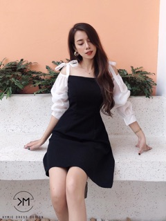 Đầm đen cổ vuông tay voan