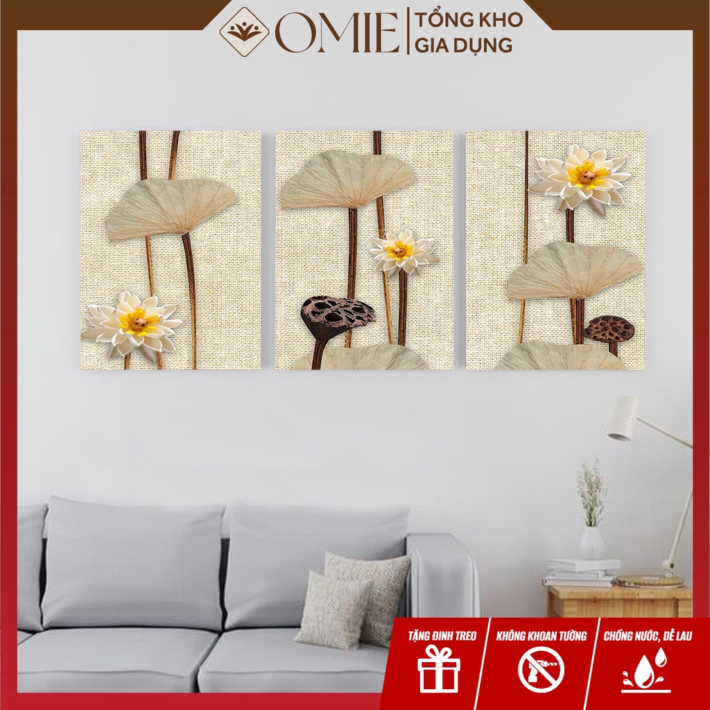 Tranh decor treo tường phòng ngủ, phòng khách chủ đề hoa sen bằng vải canvas cao cấp (Tặng kèm đi 3 chân)