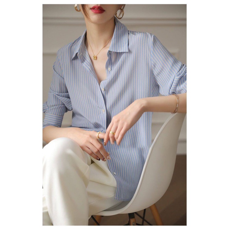 Áo Sơ Mi Chiffon Tay Dài Họa Tiết Kẻ Sọc Thời Trang Mùa Thu Phong Cách Hàn Quốc Cho Nữ