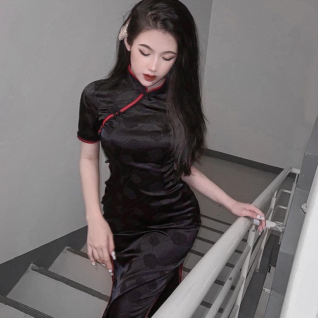 Sườn Xám Cách Tân Trung Hoa Dáng Dài Nữ Tết 2022 Ôm Body Chất Gấm  Màu Đỏ, Vàng, Hồng, Đen Mati House