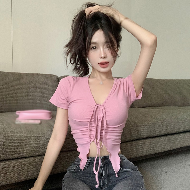 Áo Thun Crop Top Tay Ngắn Cổ Chữ V Màu Sắc Đơn Giản Phối Dây Rút Phong Cách Hàn Quốc Cho Nữ