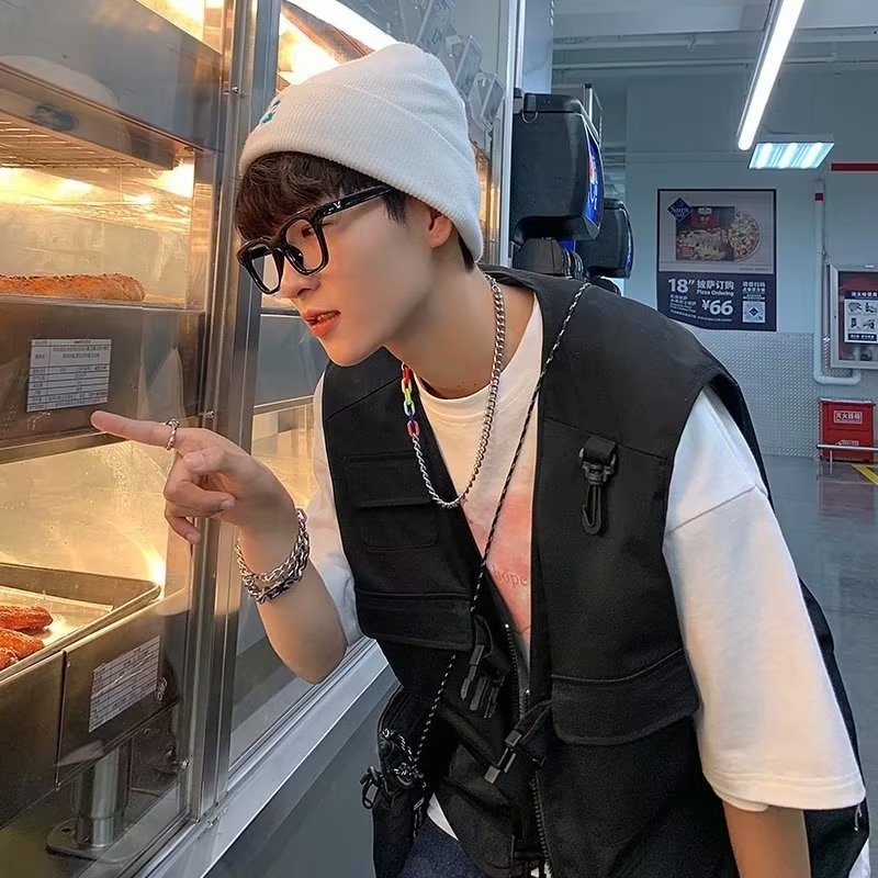 Áo Ba Lỗ Dáng Rộng Nhiều Túi Phong Cách Hip Hop Đường Phố Nhật Bản Cho Nam Cỡ M-2XL