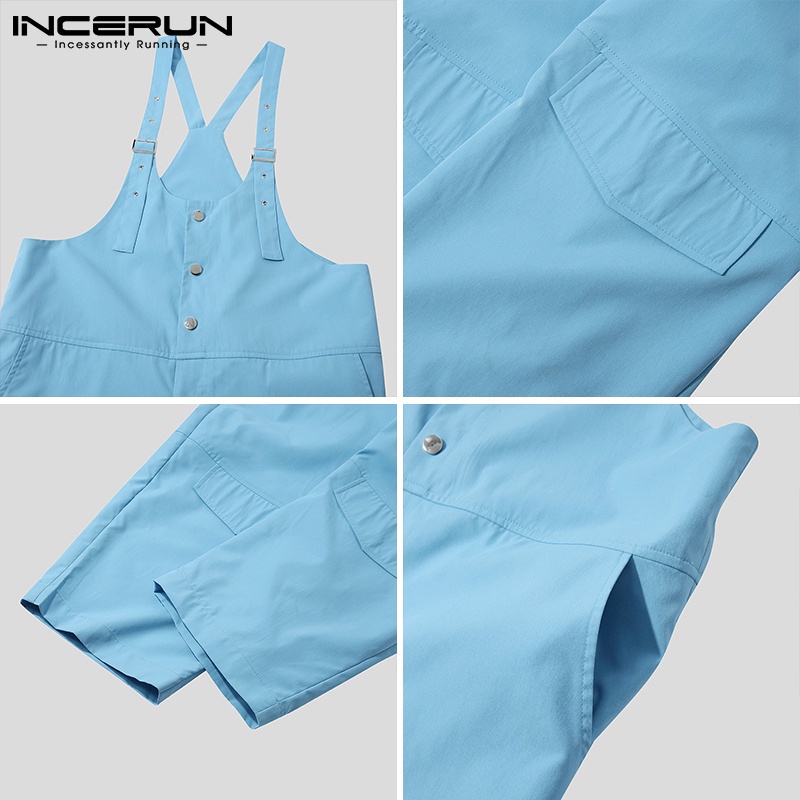 Jumpsuit INCERUN hai dây màu trơn có nhiều túi phong cách Châu Âu thời trang cho nam