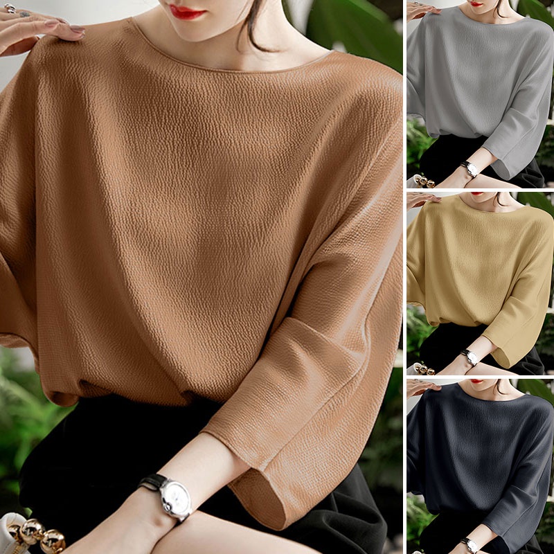 Áo kiểu ZANZEA tay 3/ 4 cổ tròn màu trơn tùy chọn thời trang dành cho nữ
