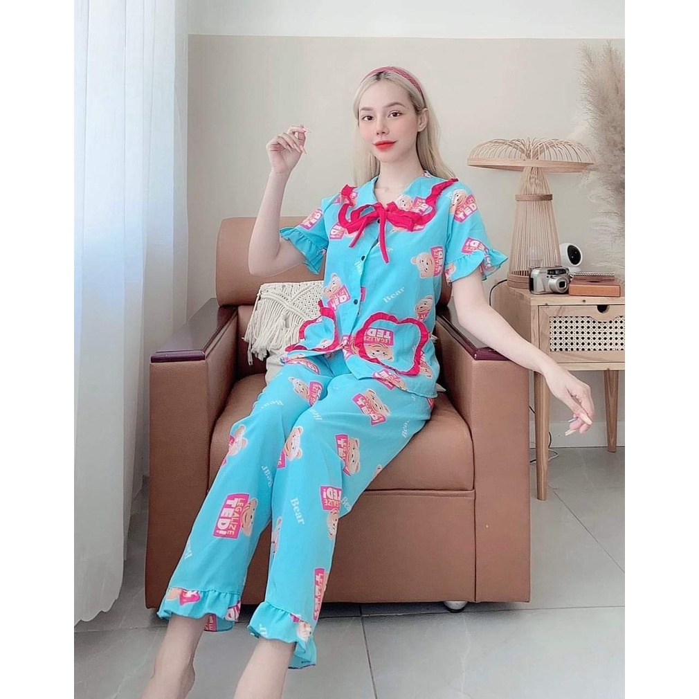 Đồ bộ nữ pijama bộ lụa ngủ mặc nhà tiểu thư tay ngắn quần dài dễ thương