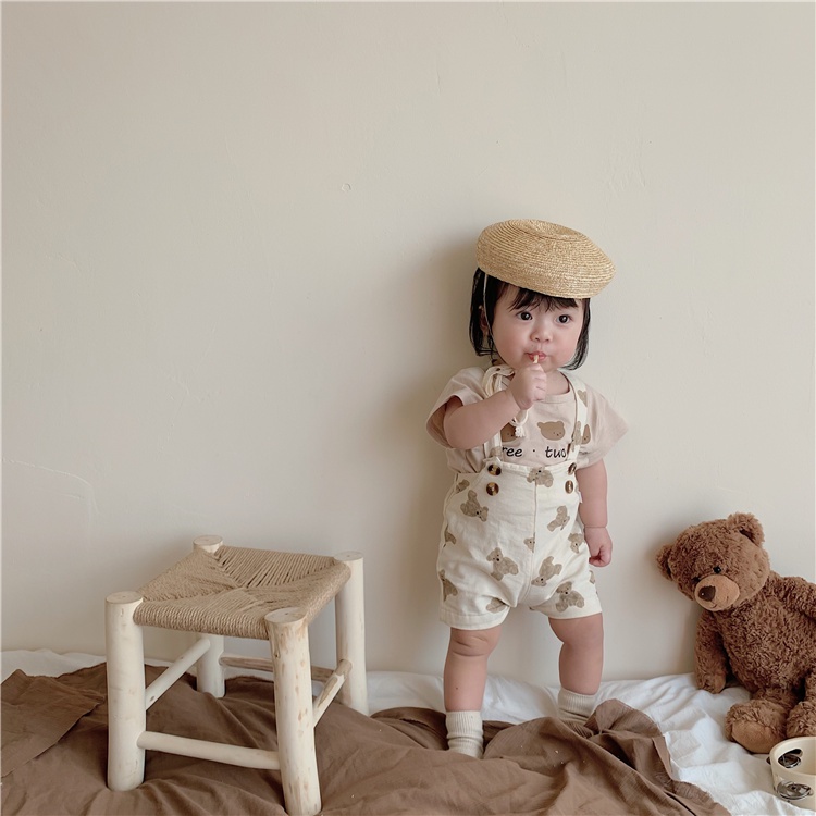 Bộ Áo Tay Ngắn In Hình Gấu + Quần Short Yếm Dễ Thương Thời Trang Mùa Hè Cho Bé Trai + Gái