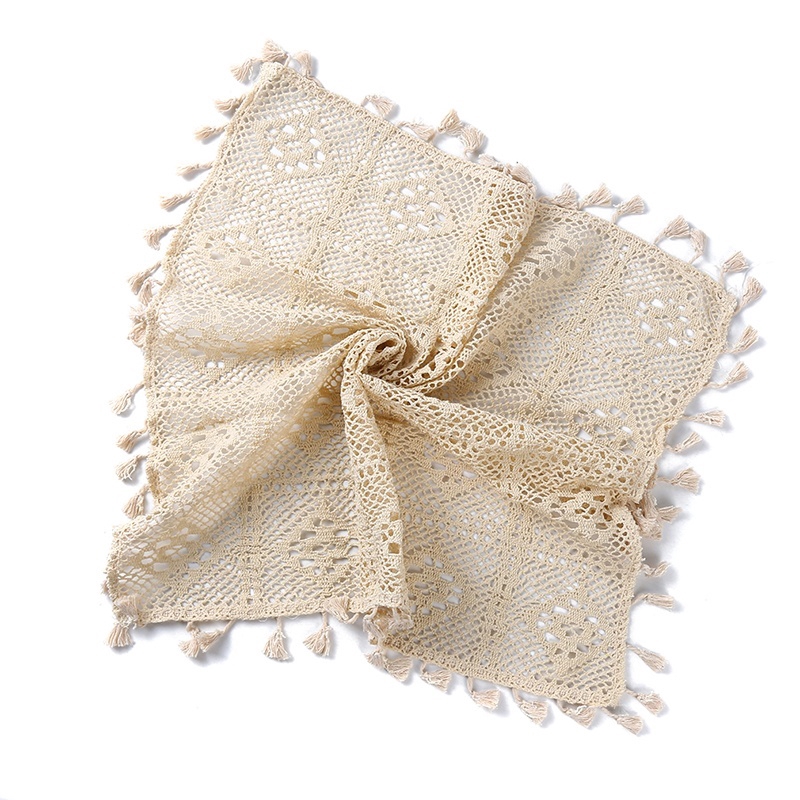 Khăn trải bàn vải cotton phối ren đục lỗ kiểu vintage trang trí nhà bếp